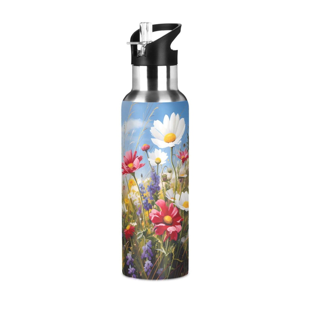 Daisy Wild Flower Water Bottles Insulated Thermos Kids Stainless Steel Bottle with Straw Lid Flask Leakproof for Sports Gym 20 Oz