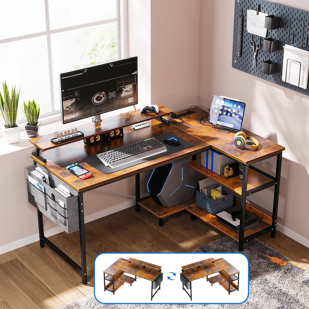 48 Inch Reversible L Shaped Gaming Desk with USB Charging Port & Power Outlet, Corner Computer Desk with Storage Shelves/Bag, Home Office Desk with Monitor Shelf, Modern Writing Table, Vintage
