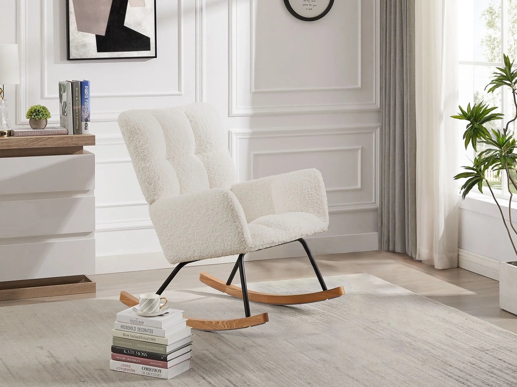 Leisure Rocking Chair, Leisure Sofa Glider Chair with High Backrest, Square Armrests, Metal & Solid Wood Frame, Comfy Upholstered Lounge Chair for Reading, Napping, White