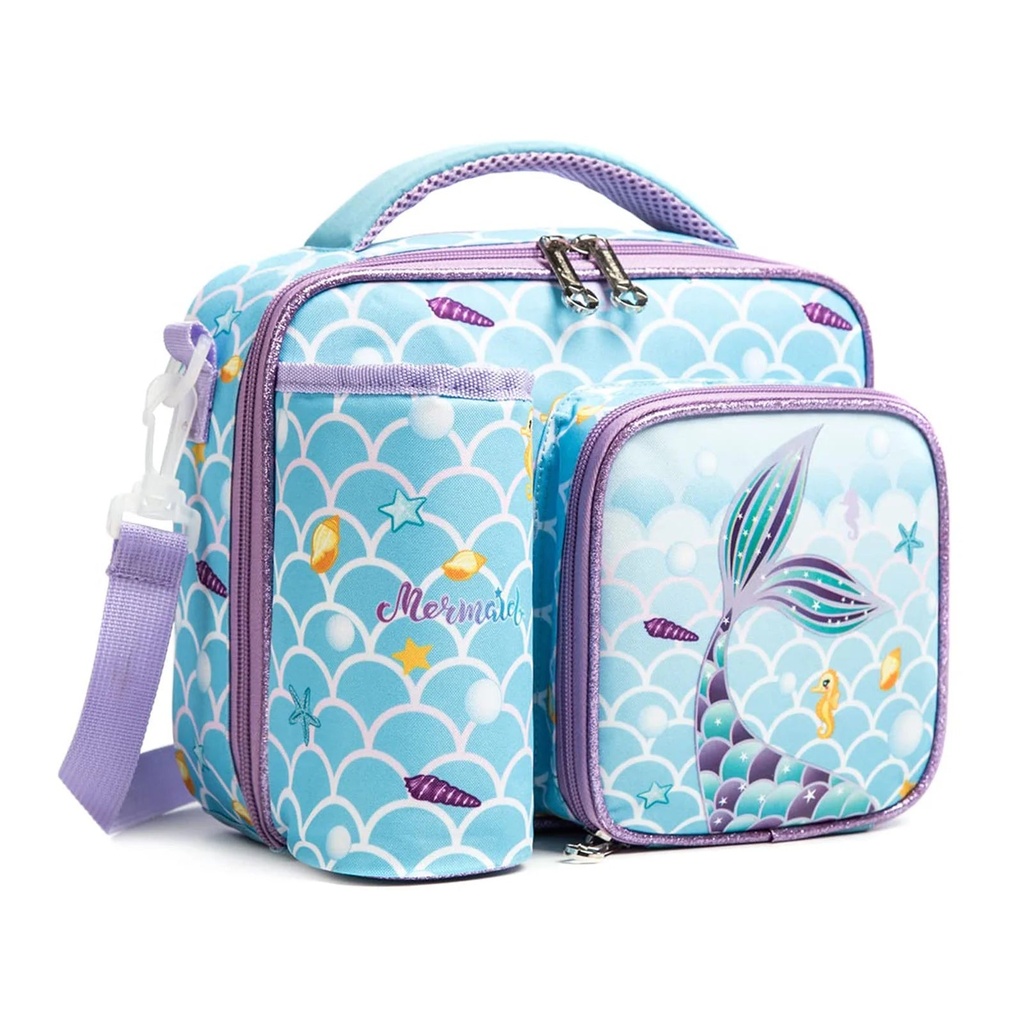 Kids Lunch Bag Insulated Cooler Tote Bag with Bottle Holder,3 Compartments Lunchbox Bag for Boys Girls School Travel,Blue Mermaid