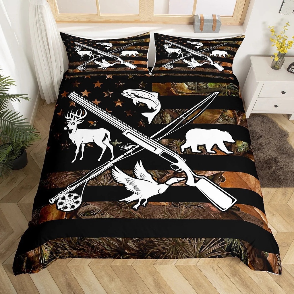 Hunting and Fishing Duvet Cover Wildlife Fish Duck Deer Bear Twin Bedding Sets for Boys Men,Camo American Flag Comforter Cover Rustic Trees Leaves Camouflage Bed Set with 1 Pillow Case