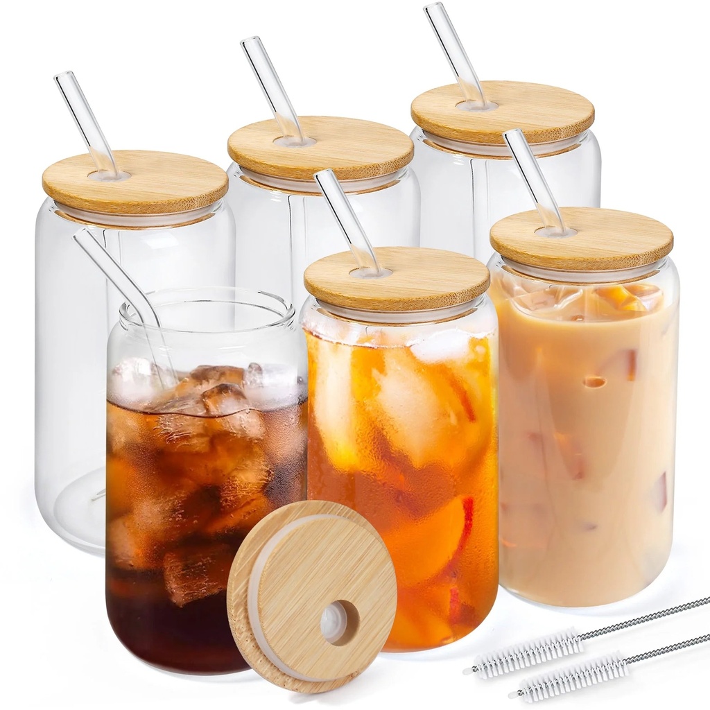Lotfancy 6Pcs Glass Cups with Bamboo Lids and Glass Straw, 16Oz Can Shaped Drinking Glasses