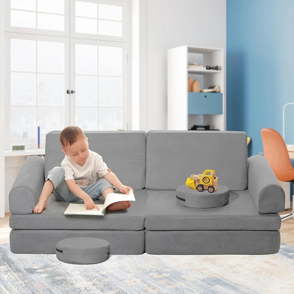 SNYNUXX Climbing Toys for Toddlers 1-6, 8 Pieces Kids Sofa Suede Furniture Play Set and Crawl Activity Playset for Kids & Preschoolers, Gray
