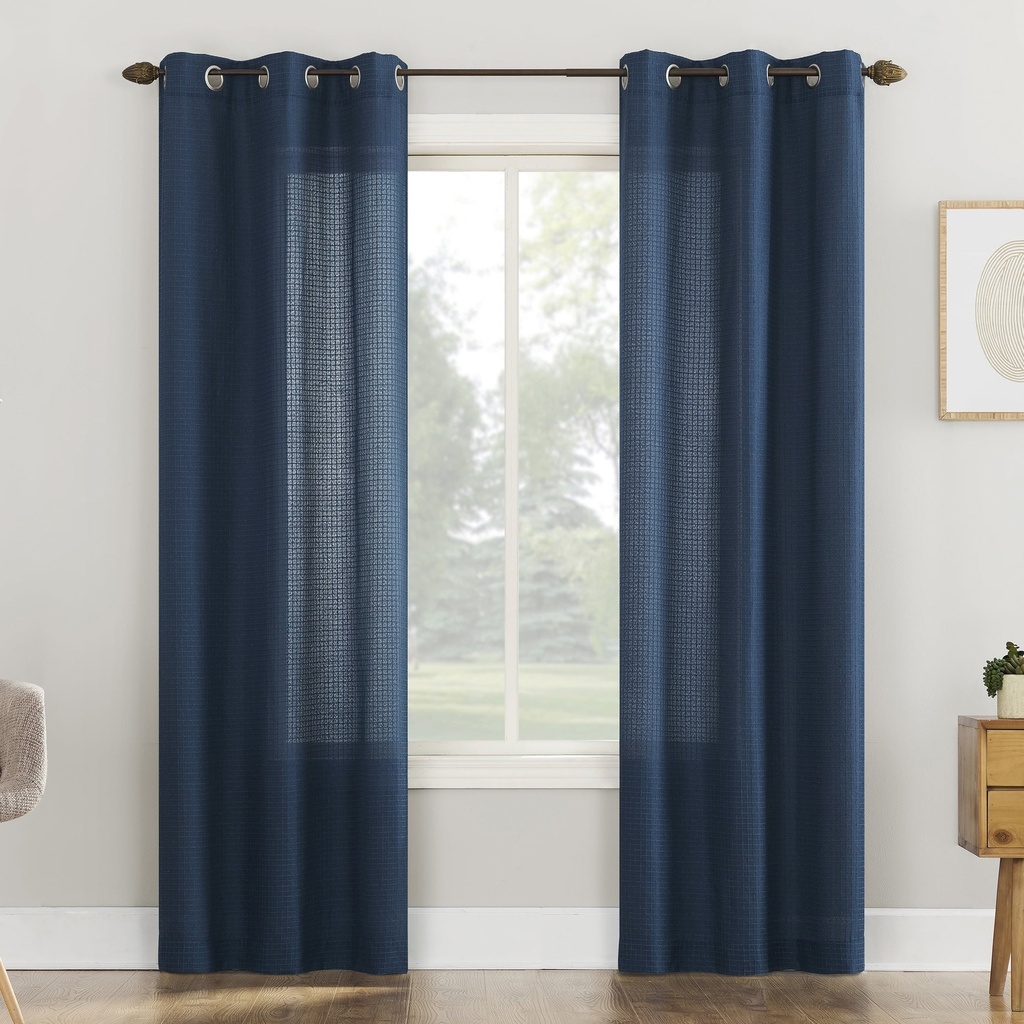 Mainstays Waffle Casual Textured Semi-Sheer Grommet Curtain Panel Pair, 38" W X 63" L, Blue