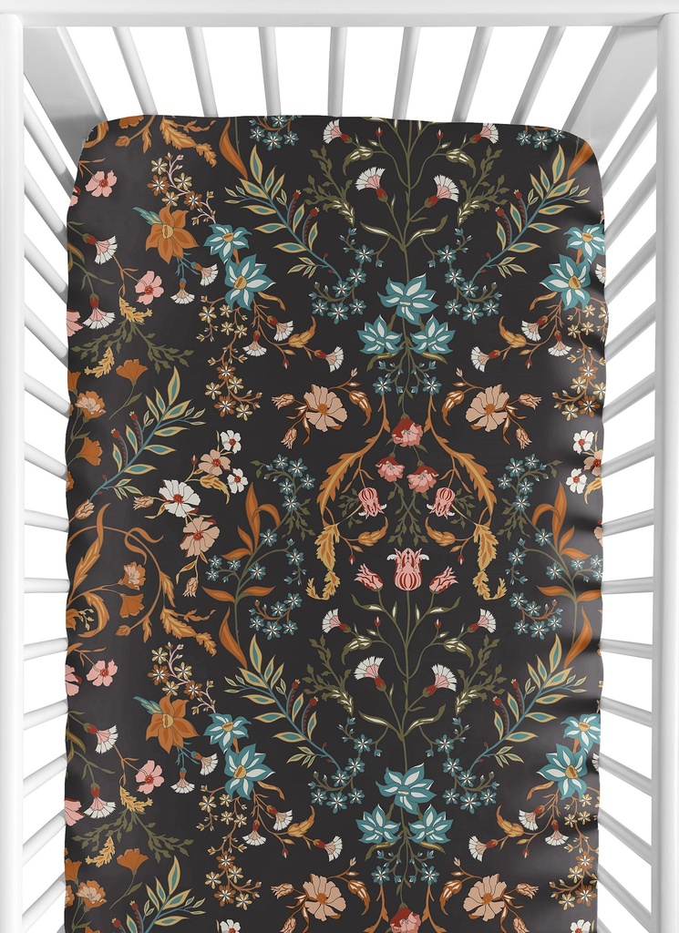 Boho Floral Wildflower Black and Rust Orange Fitted Crib Sheet Girl by Sweet Jojo Designs