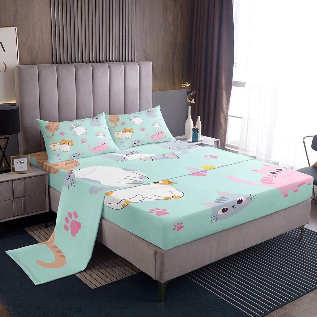 Kids Cat Bed Sheet Set Twin Size Cartoon Cats Bed Sheets for Boys Girls Teen Cute Pet Animal Bedding Set,Pink Kawaii Cat Paw Print Fitted Sheet Teal Grey Yellow Flat Sheet + 1 Pillow Case