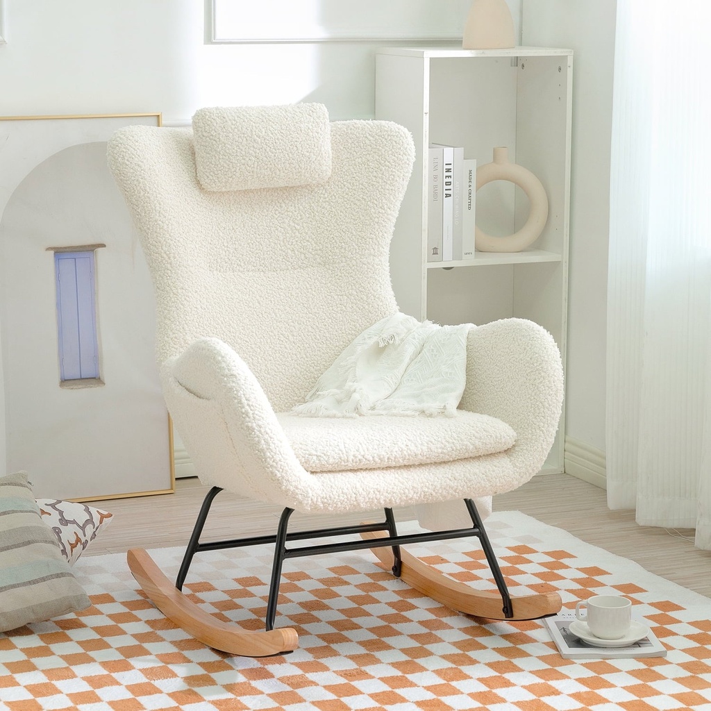 Cozy Teddy Upholstered Rocker Glider Chair with High Backrest Adjustable Headrest & Pocket for Nursery Bedroom Living Room and Office - White Rocking Chair Made with Rubber Wood