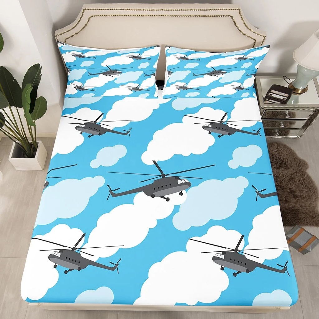 Helicopter Fitted Sheet Aircraft Bed Sheets Twin,Airplane Bedding Set Blue Sky White Clouds Toddler Sheets,Military Plane Transport Aeroplane Room Decor