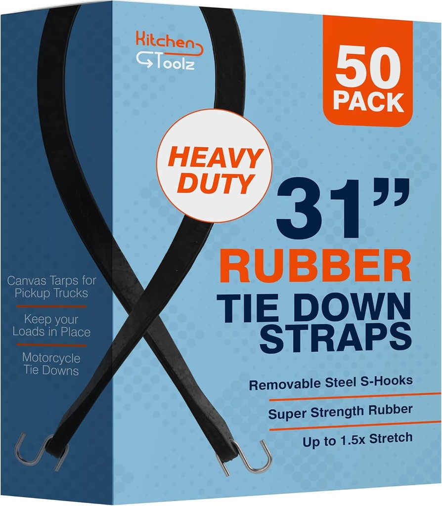 Rubber Bungee Cords with Hooks - 31 Inch 50 Pack - Heavy Duty Outdoor Flatbed Tarp Straps Bungie Tie Downs - Natural Rubber