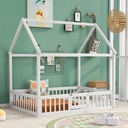 Full Size House Bed for Toddler Kids, Solid Wood Montessori Floor Bed with Safety Fence and Door, House Design Montessori Bed for Kids Boys Girls, Can Be Decorated, without Slats, White