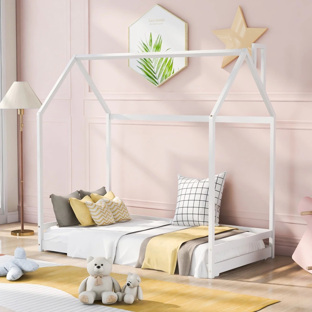 Bellemave Wood Twin House Bed Frame, Montessori Floor Bed for Toddler, Kids, Boys & Girls (White)