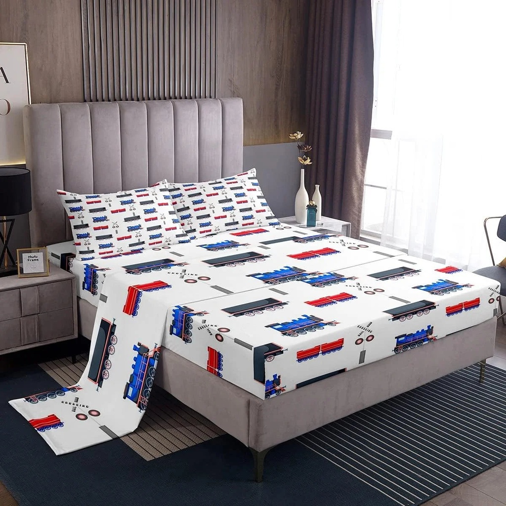 YST Cartoon Train Bed Sheets Red Blue Train Sheet Set for Boys Child,Kids Vehicles Fitted Sheet Kids Car Theme Bedroom Decor Twin Size