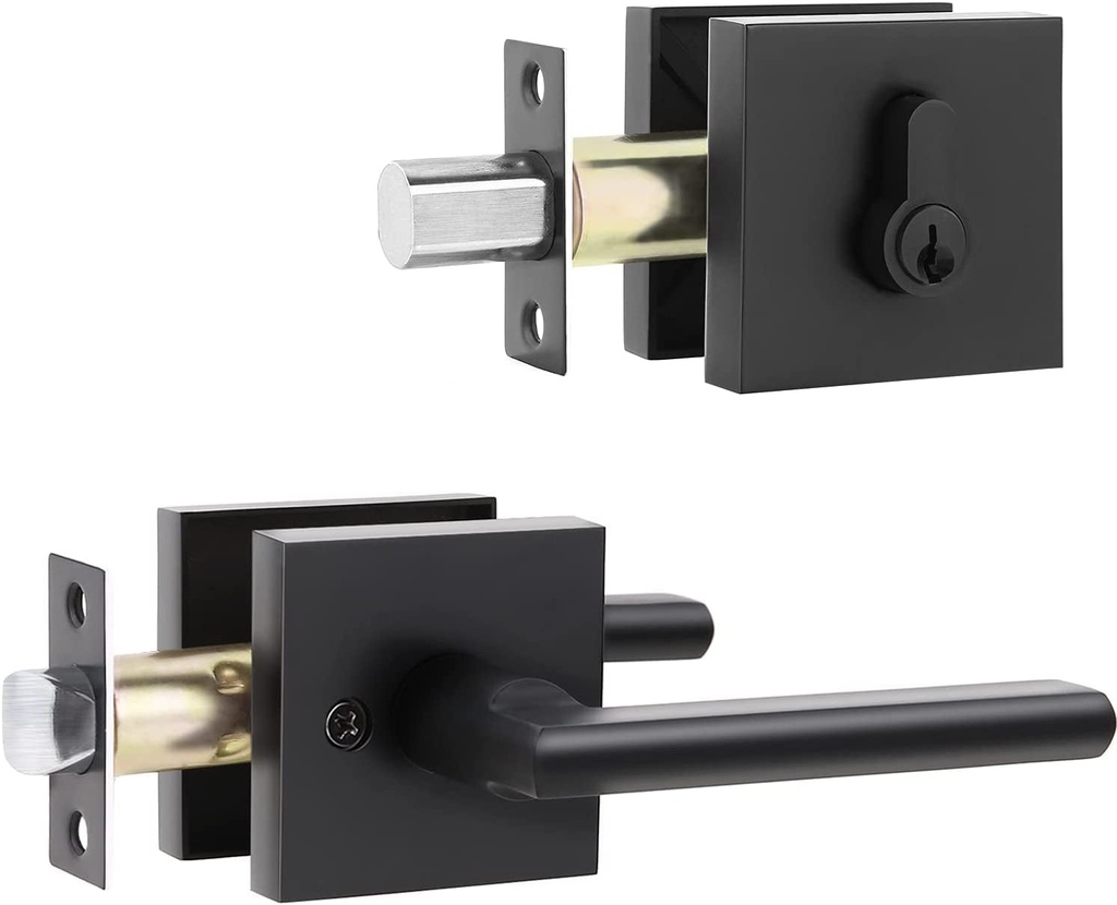 Exterior Door Lock Set, Ohuhu Heavy Duty Deadbolt Lock- Entry Door Locksets with Deadbolt Matte Black Front Door Handle Modern Contemporary Square Sleek Design Zinc Alloy