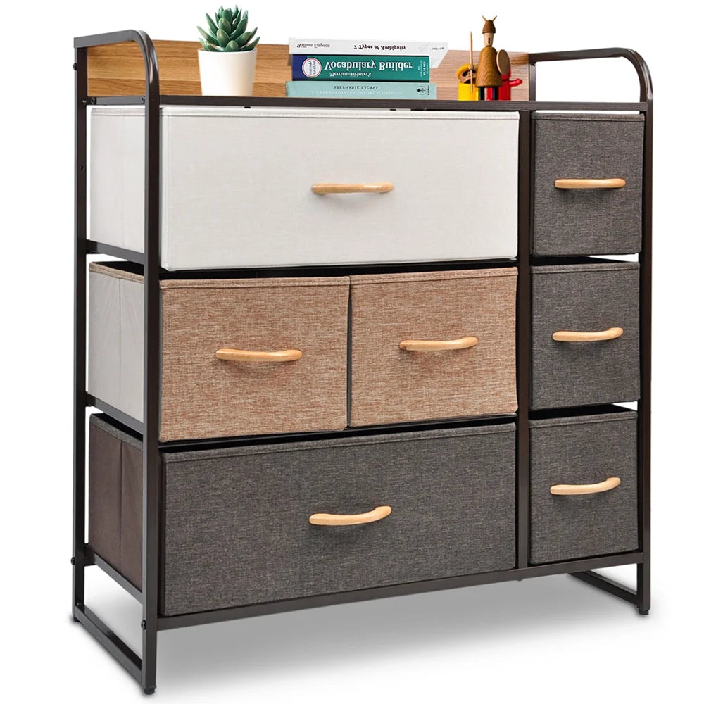 Bigroof Dresser with 7 Drawers, Closet with Fabric Drawers for Bedroom Bathroom-Steel Frame Wood Top with Fabric Bins for Clothing Blankets Plush Toy (Multi Color-7 Drawers)