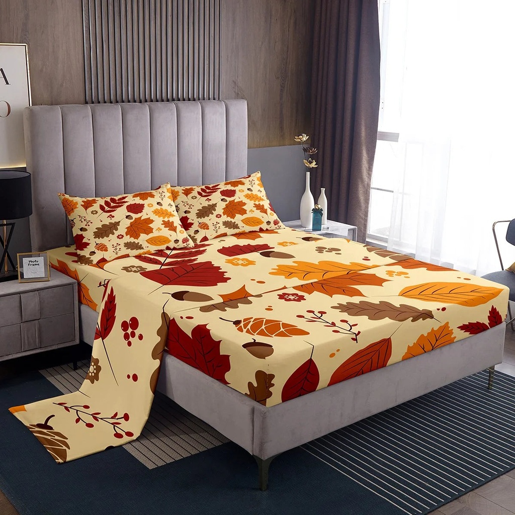 YST Fall Leaves Bed Sheets Set Twin, Autumn Maple Leaf Sheet Set for Kids Teens, Botanical Farmhouse Sheets, Pine Cones Fall Harvest Top Sheet Thanksgiving Gift, Orange Yellow Green