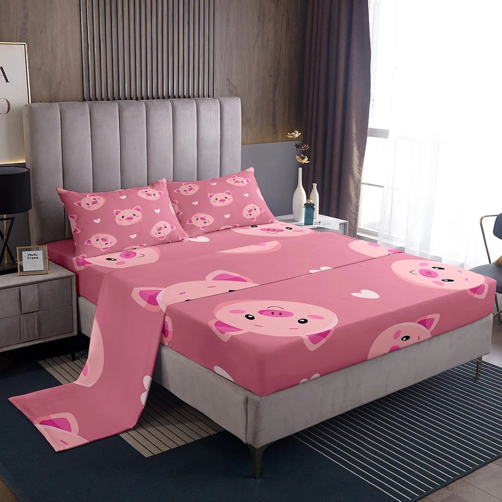 YST Cartoon Pig Twin Sheet Set Cute Animal Sheets, Girls Pink Pastel Bed Set Kawaii Wildlife Bed Sheets Set, White Hearts Fitted Sheet Luxury Girls Bedroom Decor 3-Piece