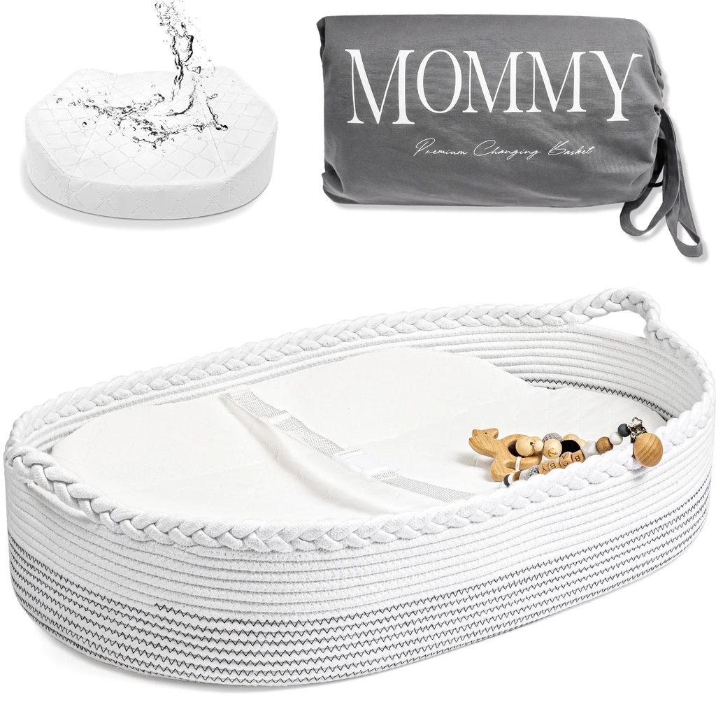 Baby Changing Basket-Contoured Foam Pad, Waterproof Cover, Wipeable-Changing Pad for Dresser/Changing Table, Living Room, Moses Basket, White, J&JOO…
