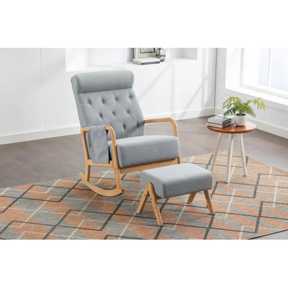 Rocking Chair with Ottoman and Side Pocket,Upholstered Accent Chair with Foot Stool, Glider Rocker Chair with Thick Padded Cushion and High Backrest,Lounge Chair for Living Room Bedroom Nursery