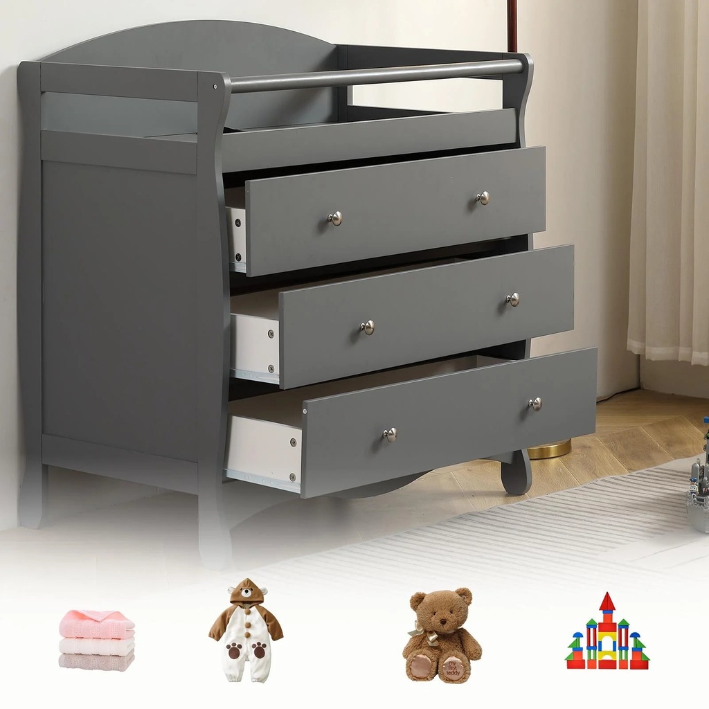 Godecor Changing Table, 3 Drawers Baby Changing Dresser, Infant Changing Table Dresser, Gray