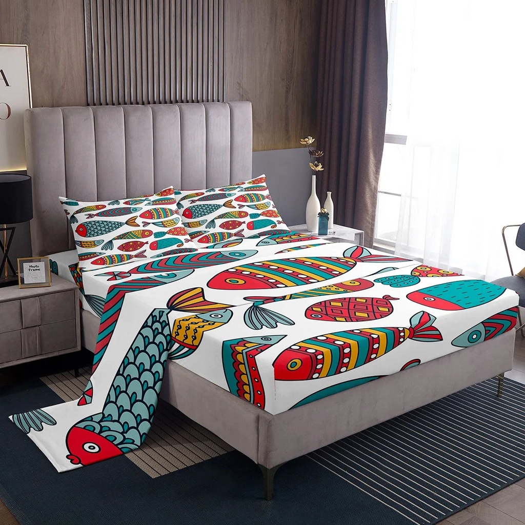 Fishes Bed Sheets Set Twin, Cartoon Fish Sheet Set for Men Women, Exotic Blue Red White Marine Life Sheets, Abstract Geometric Room Decor Tribal Symbols Deep Pocket Top Sheet