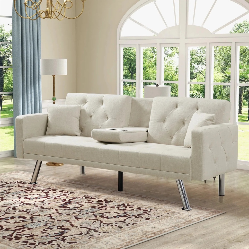 Aukfa 75" Tufted Futon Convertible Sofa Bed, Arm Couch for Home Office, 2 Pillow&Cup Holder, Beige