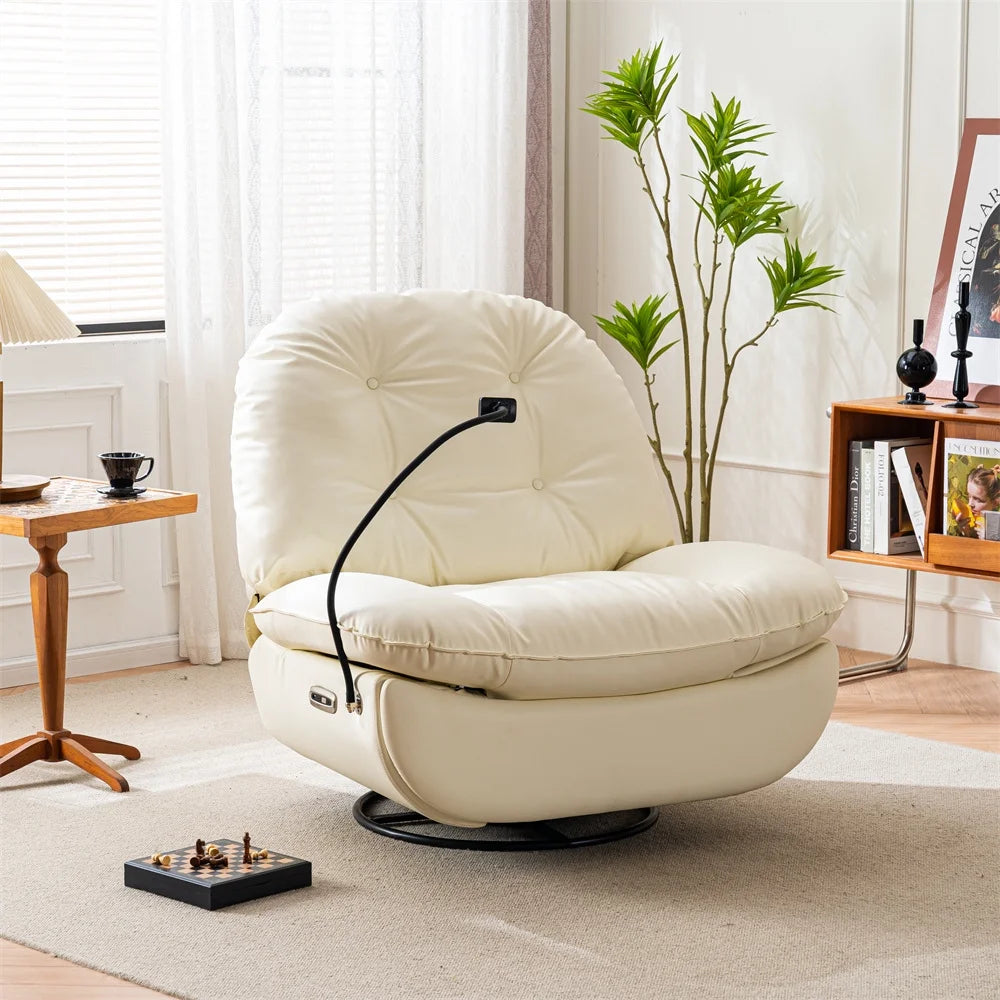 Leather Power Swivel Glider Lounge Chair with USB Port and Bluetooth, Modern Upholstered Single Sofa Chair with Different Model and Phone Holder, Multifunctional Armless Sleeper Recliner Chair, White
