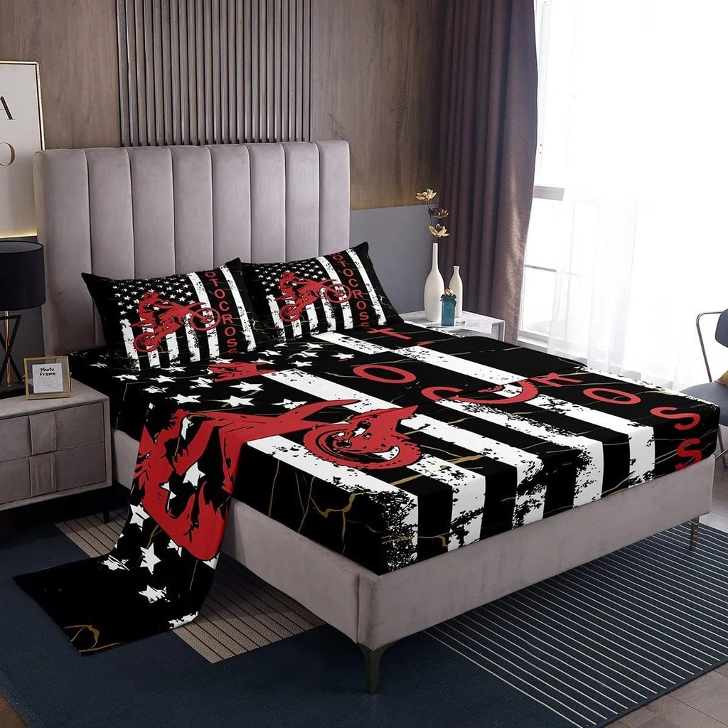 YST Dirt Bike Bed Sheets Set Twin American Flag Fitted Sheet Motocross Rider Flat Sheet Boys Girls Extreme Sport Top Sheet United States Federations Stars Sheet Set 1 Pillowcase Room Decor