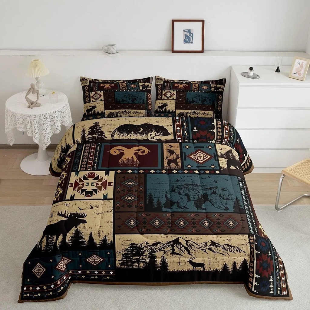 YST Aztec Comforter Sets Twin Rustic Southwestern American Native Bedding Set,Bear Deer Moose Quilt Retro Indian Style Hunting Animal Duvet Insert with 1 Pillowcase Microfiber
