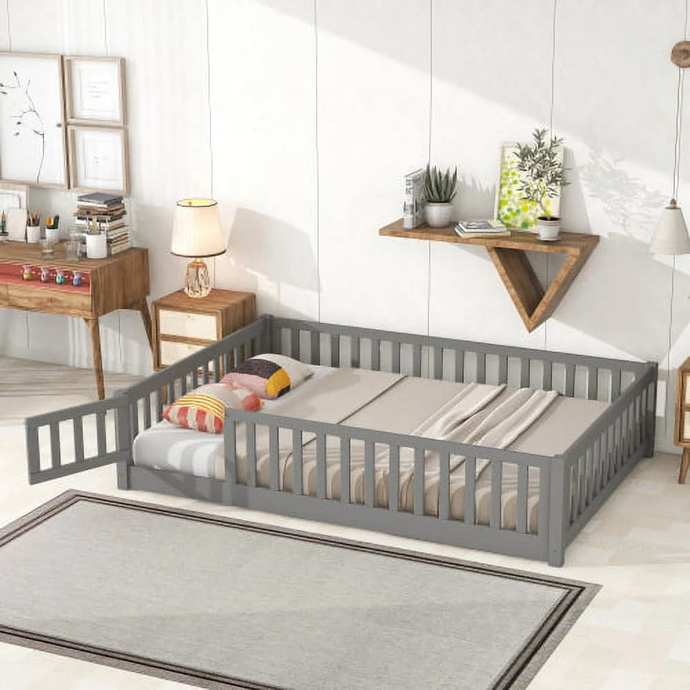 Full Size Floor Bed for Kids, Wooden Full Bed Frame with Fence Guardrails & Support Slats & Revolving Door Design, Montessori Style, Full Playhouse Bed with for Toddler, Boys ,Girls, Grey