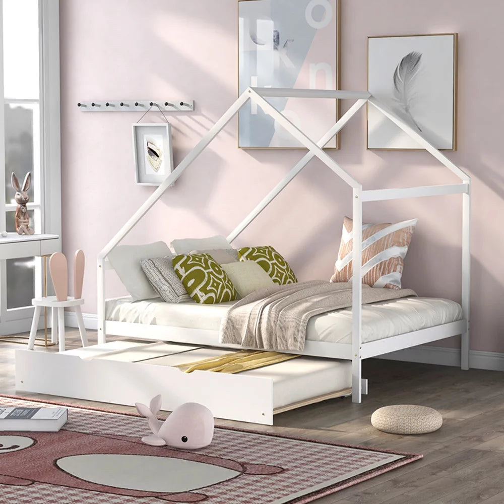 Full Size House Bed with Twin Size Trundle, Wooden Platform Bed Frame with Slats Support Playhouse Floor Bed Montessori Bed Frame for Kids Toddlers Teens, No Box Spring Needed, White