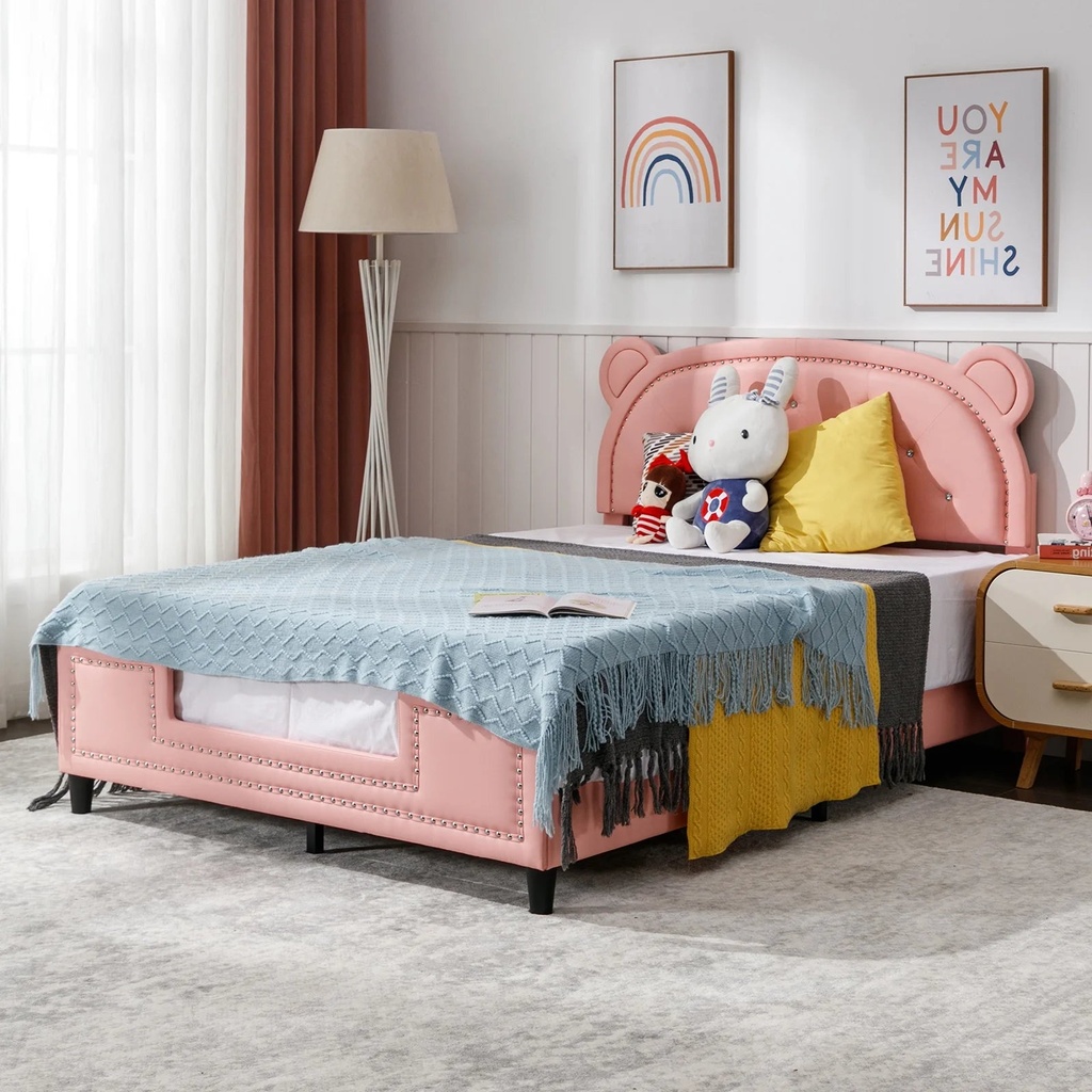 Ijuicy Full Size Bed Frames for Kids, Pink Children Platform Bed with Bear Shaped Headboard, Faux Leather Upholstered, Rivet Decoration