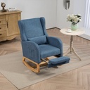 25.6"W Modern Rocking Chair for Nursery, Mid Century Accent Arm Rocker with Retractable Footrest, Side Pocket, Comfy Upholstered Wingback Wooden Glider Chair for Living Room Baby Kids Room. Blue