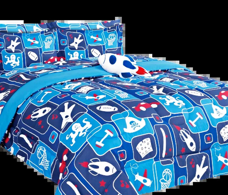 Comforter Set Matching Fitted Sheet Set and Pillow Sham Plush Toy Twin Size Game Player Blue Bag Print Design Supersoft for Girls, Boys Bedroom Décor