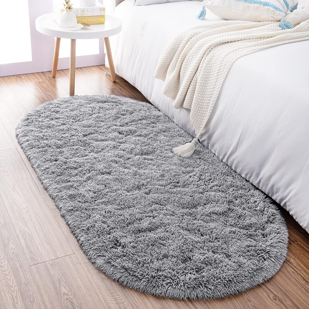 DEFNES Ultra Soft Fluffy Bedroom Rugs,Shaggy Grey Area Rugs for Bedroom,Oval Throw Rugs, Kids Room Small Carpet,Living Room Runner Rug Non Slip Modern Home Decor 2.6' X 5.3'