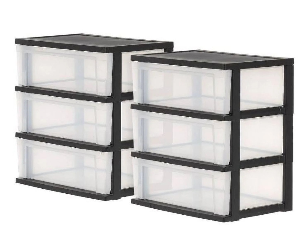 IRIS USA, 3-Drawer Wide Plastic Storage Drawer, Black, Set of 2