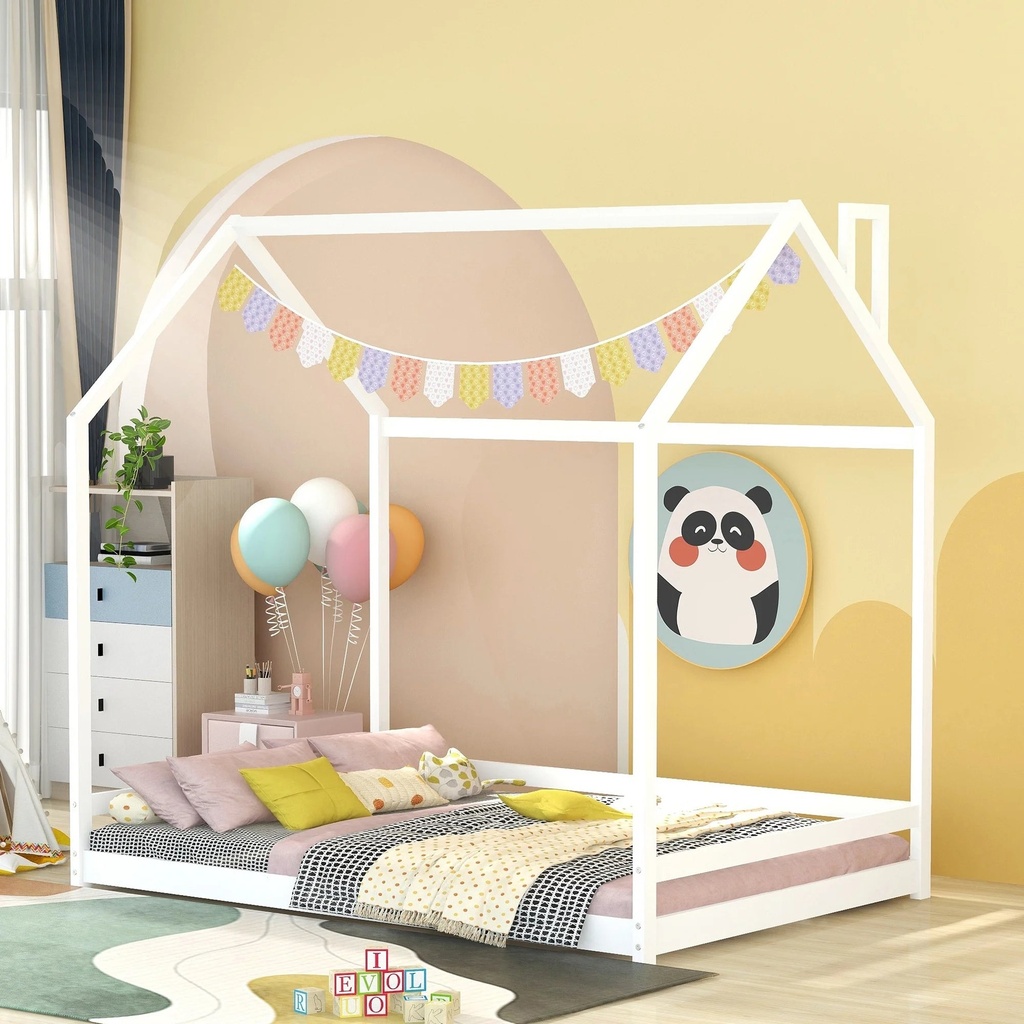 Bellemave Montessori Full Size Floor Bed, Wood Full House Bed with Rails for Toddler Kids Teens Girls Boys (White)