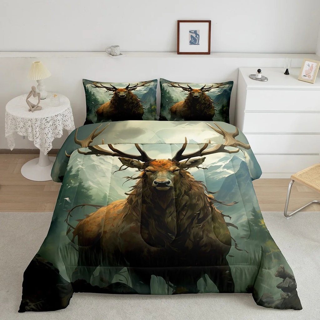 YST 3D Deer Bedding Sets Twin Safari Wild Animal Comforter Set,Woodland Duvet Insert Mystic Jungle Bed Set Brown Dark Green Bedding Comforters & Sets Rustic Home Decor for Kids Teen