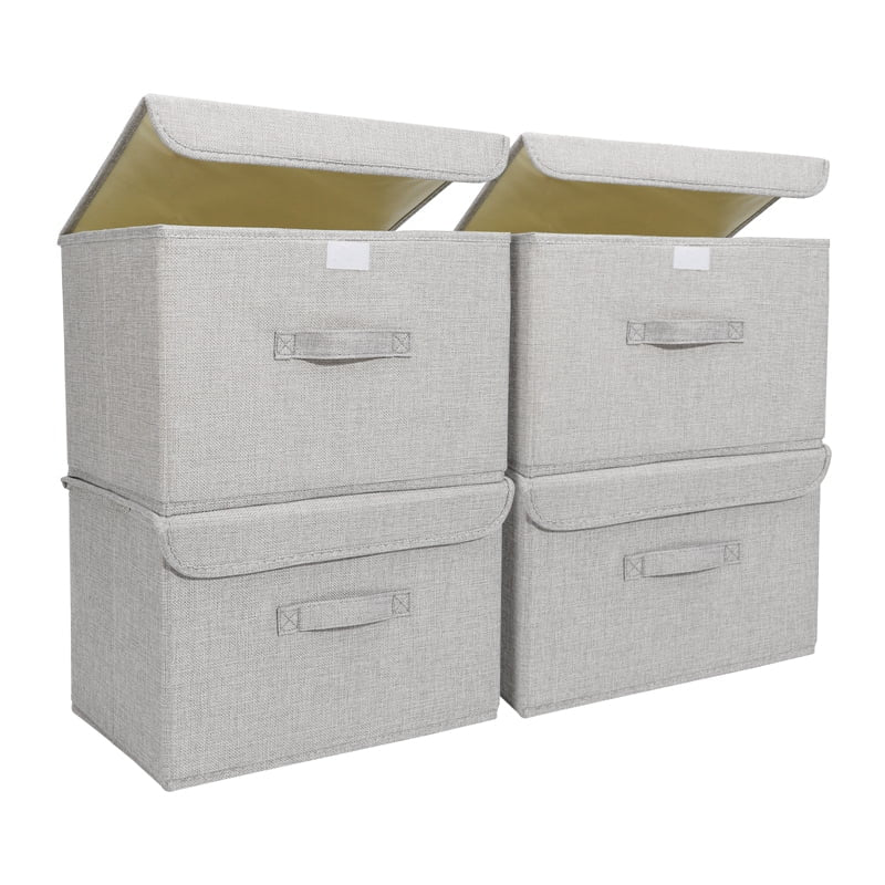 LUIISIS 4 PCS Fabric Storage Organizer, 10 X 9 X 15 Inch Collapsible Linen Fabric Storage Box with Handle, Large Suit Clothes Blanket Box with Lid for Home, Office, Closet