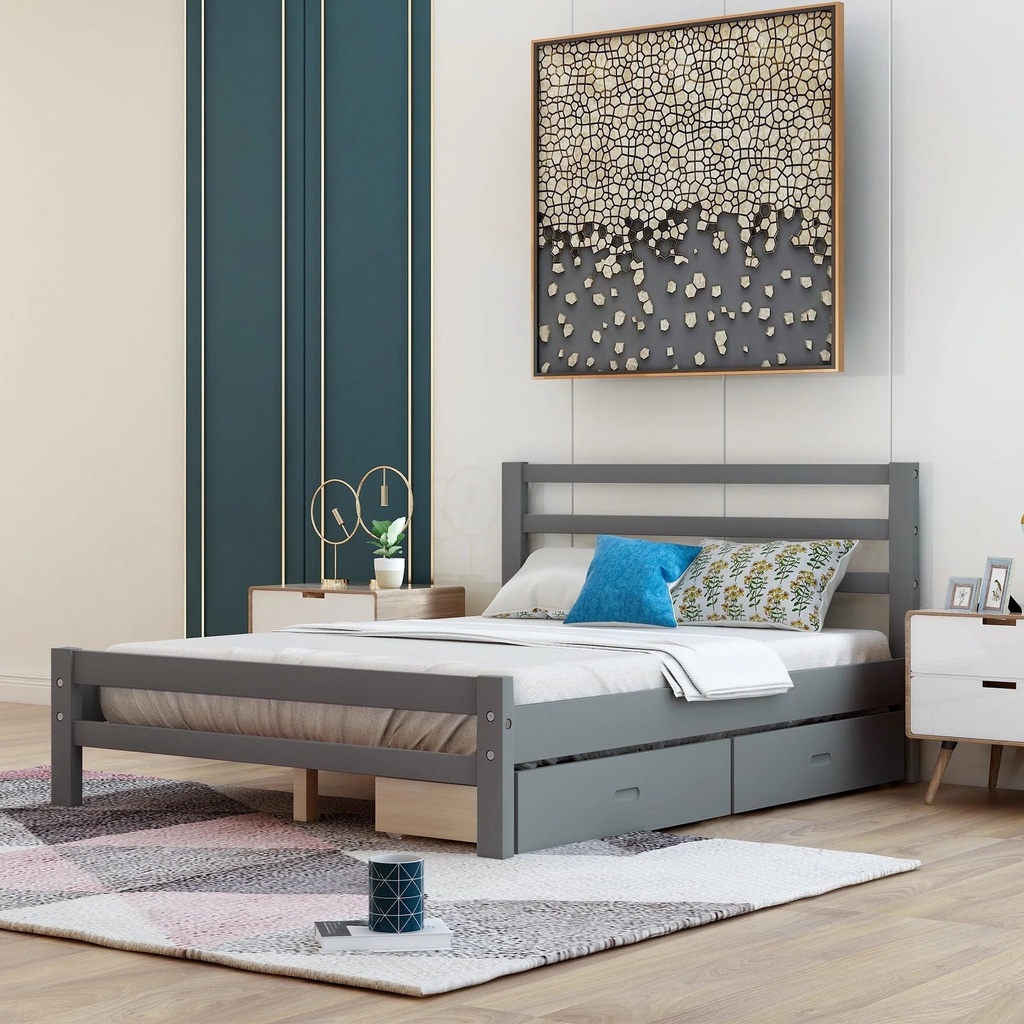 Jump into Fun Wood Full Bed Frame, Platform Bed Frame with Two Drawers, Slat Support, Headboard and Footboard, Full-Size Bed Frame for Adults Kids Grils Boys, Space-Saving, No Box Spring Needed, Gray