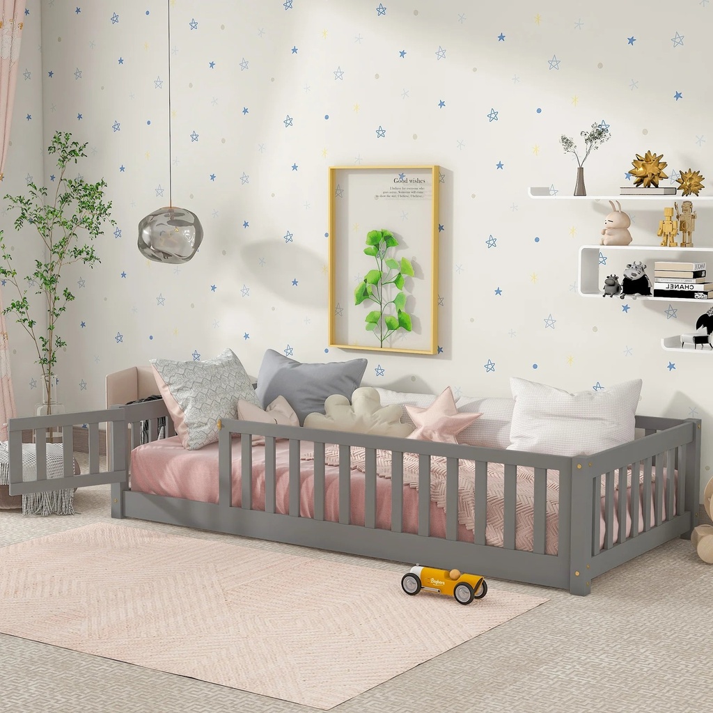 Toddler Floor Bed Twin Size, HSUNNS Wood Playhouse Floor Bed for Toddler, Twin Size Montessori Platform Bed for Boys Girls, with Fence and Door, No Box Spring Needed, Slats Support, Gray