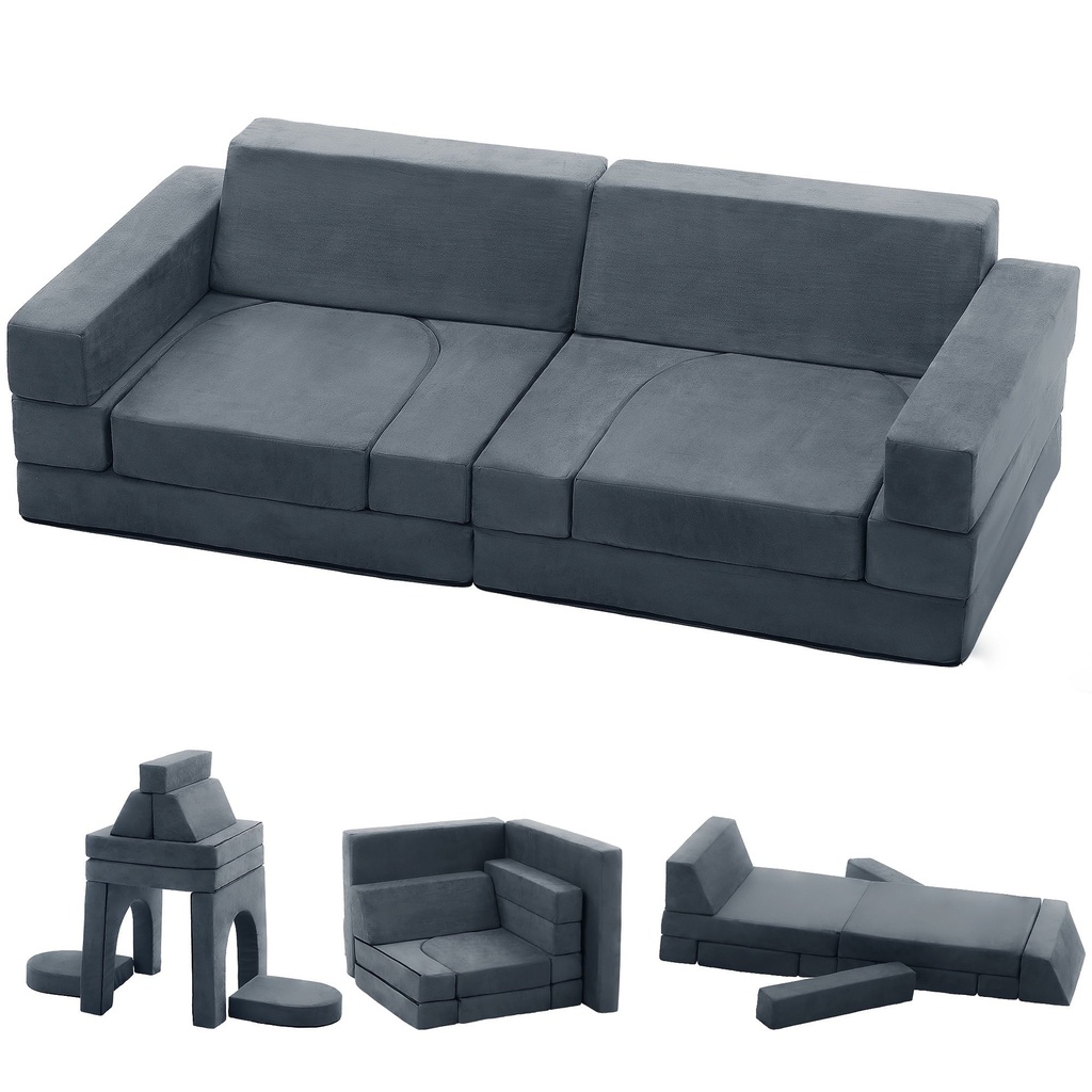 NAVINE Kids Sofa Couch 9-Pieces, Multifunctional Play Couch Sofa for Kids, Modular Toddler Couch for Playroom, Gift for Kids, Gray