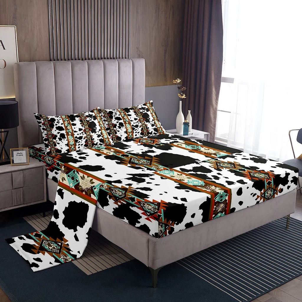 Black and White Cowhide Sheets Western Sheet Set Twin,Highland Cow Print Bed Sheets Set Exotic Aztec Diamond Flat Fitted Sheet,Farm Animals Bull Cattle Skin Room Decor