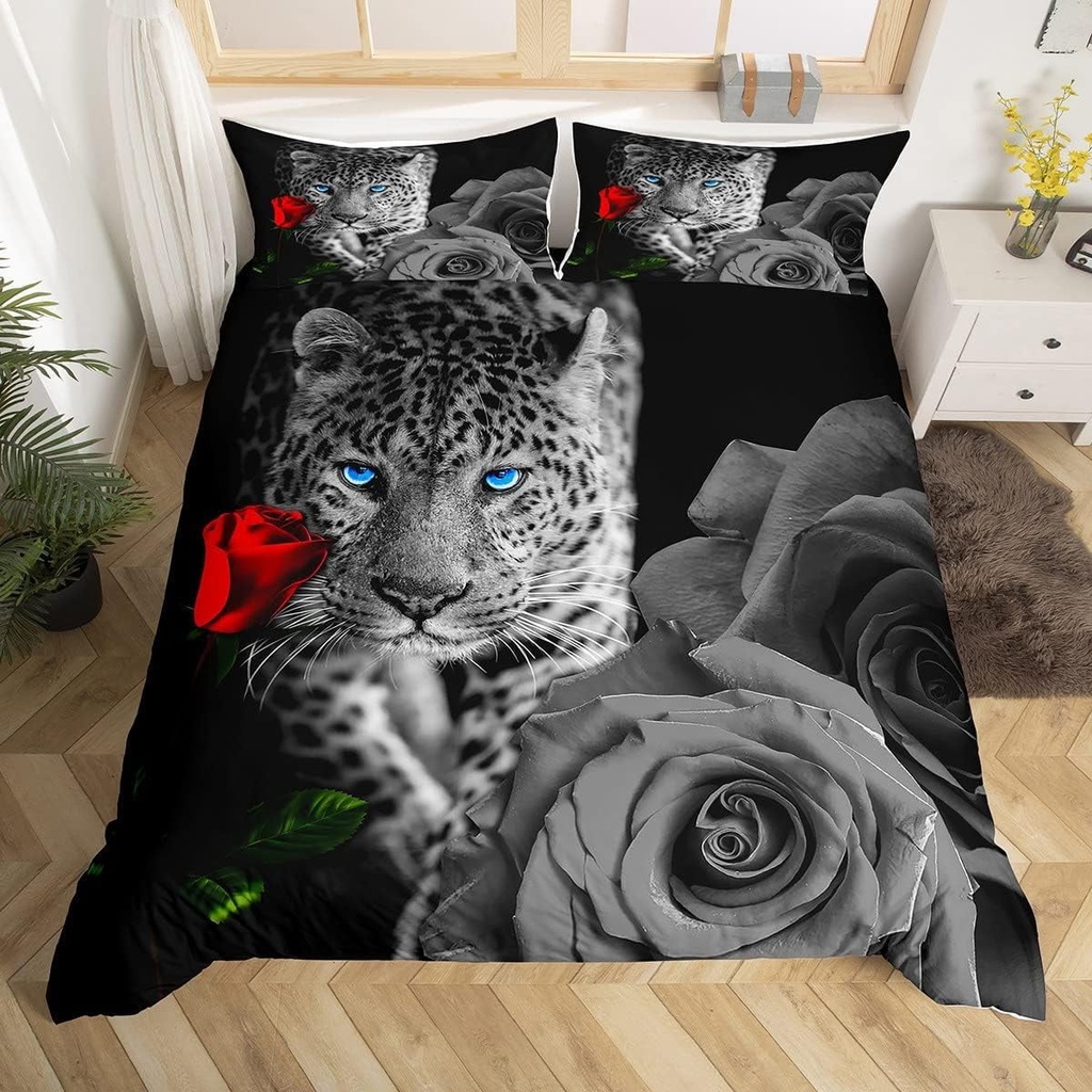 YST Leopard Duvet Cover,Red Rose Flower Cheetah Boys Twin Size Bed Sets for Kids Girls,Safari Panther Floral Comforter Cover,Wild Animal Romantic Black White Room Decor 2Pcs Bedspread Cover