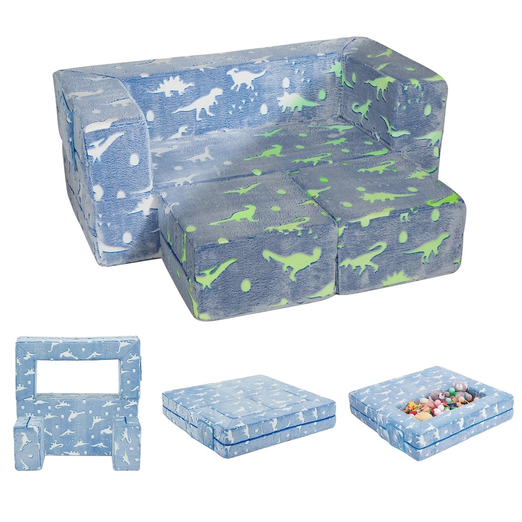 Ulax Furniture Kids Couch Modular Kids Sofa, Glow in the Dark Convertible Sofa for Toddlers and Kids Play Set Flip Out Lounger with 2 Ottomans for Playroom, Blue Dinosaur