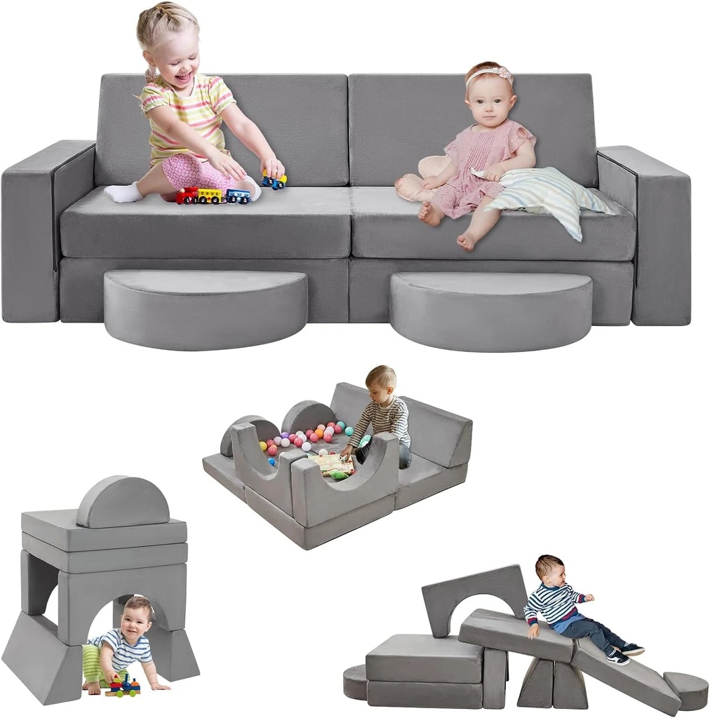 10Pcs Modular Kids Play Couch, Play Couch Sofa for Kids, Kids Modular Couch for Bedroom Playroom, Nugget Couch,Kids Couch Building Fort for Boys and Girls, Grey