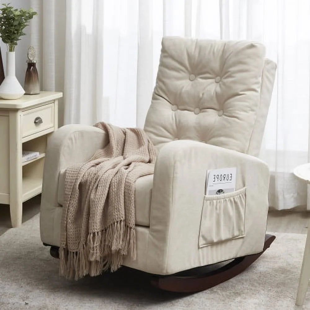 Velvet Tufted Rocking Armchair, Comfy Fabric Nursery Chair with Side Pocket for Living Room Bedroom, Single Sofa Reclining Chair, Beige
