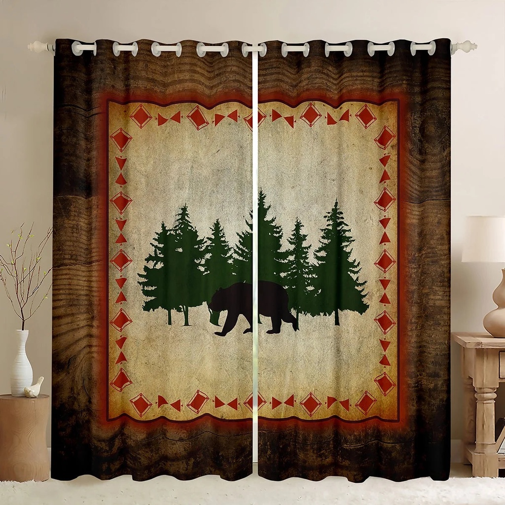 Cabin Bear Curtains for Living Room Rustic Blackout Curtains Bear Wildlife Botanical Tree Pattern Darkening Curtains Country Nature Wild Animals Window Treatments Farmhouse Bedroom Decor 42"X63"