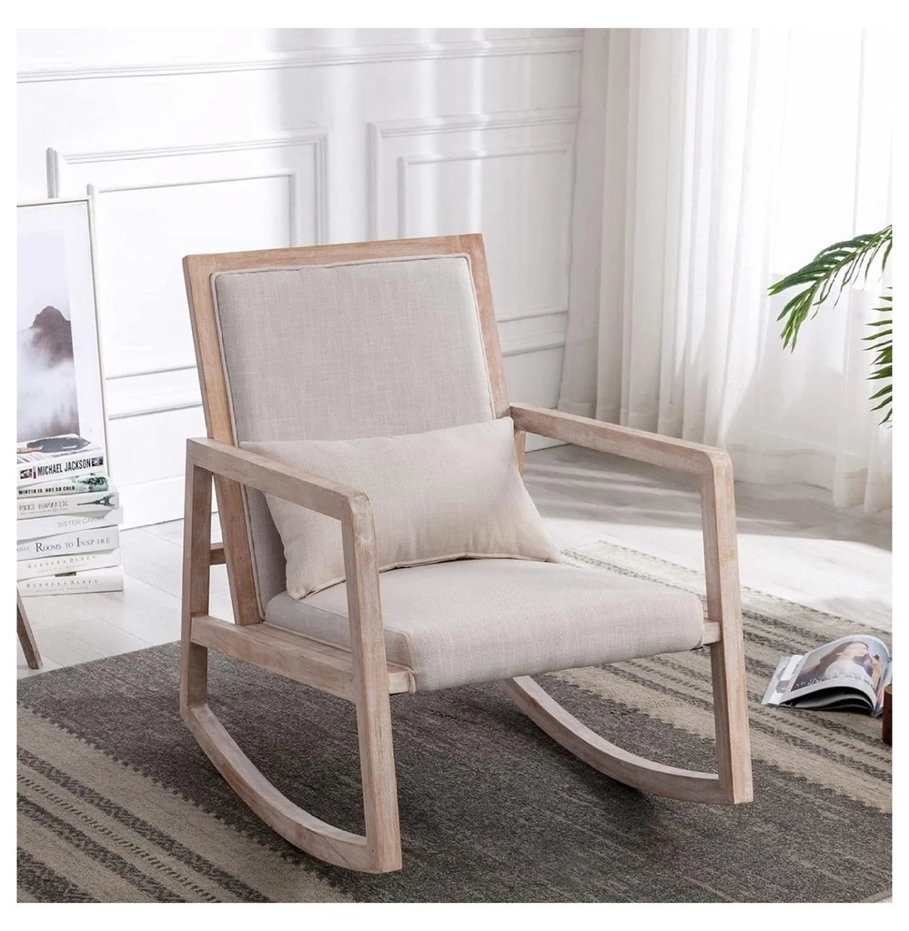 Drevy Rocking Chair Century Modern Nursery Rocker Glider Chair Upholstered Armchair with Wood Base for Living Room Bedroom, Beige (With Pillow)