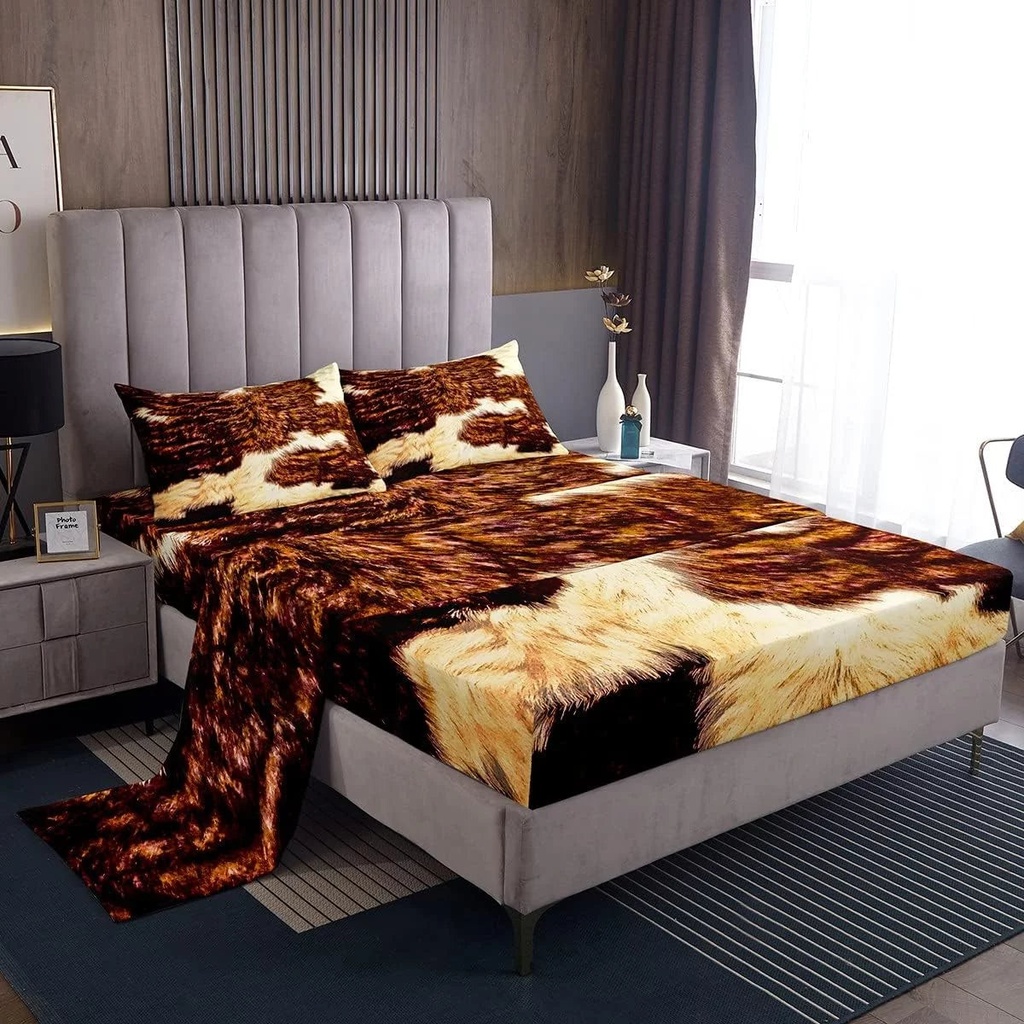 YST Cow Print Bed Sheets Twin Cowhide Sheet Set Room Decor Adult Women Men Highland Cow Fitted Sheet Western Farm Wild Animal Bedding Set Brown White Bull Cattle Skin Flat Sheet 3Pcs