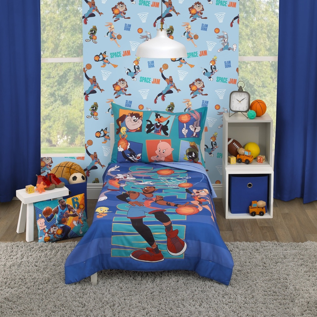 Warner Bros. Space Jam 4 Piece Toddler Bedding Set, Blue, Orange, Comforter, Fitted Sheet, Top Sheet, Pillowcase, Polyester, Boy